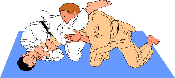 The image shows two animated characters engaged in a grappling match on a blue mat with white borders; both appear to be male adults wearing martial arts uniforms.