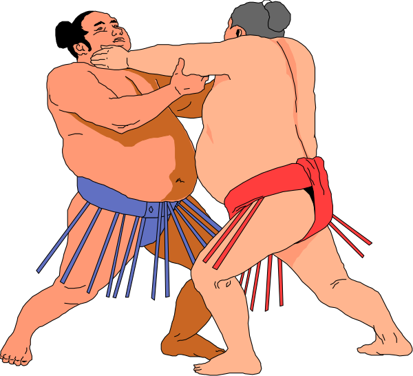 The illustration depicts two sumo wrestlers engaged in a match with their hands on each other's chest; both wear traditional Japanese attire including mawashi (loincloth) and hakama, which is tied around one leg to keep it off the ground during bouts.