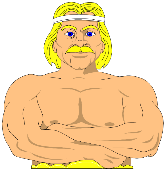 The image shows two cartoon representations of a muscular man with blonde hair wearing headbands; he is flexing his muscles in one frame while standing straight up against a black background in another.