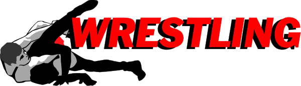 The image shows a logo with text that reads "WRESTLING" at the top of it against a red background, followed by an illustration below depicting two wrestlers in action poses on either side of what appears to be a ring or stage setting.