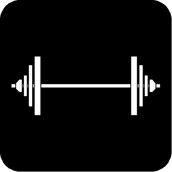 The black and white icon features a dumbbell with two weights on either side of it.