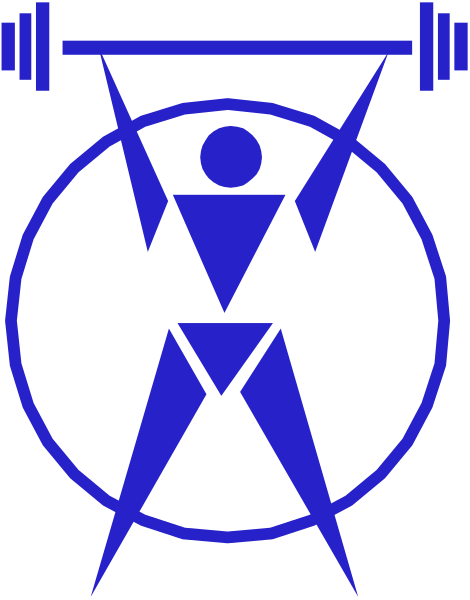 The image shows a blue logo with an abstract design featuring geometric shapes that resemble human figures engaged in physical activities such as weightlifting and gymnastics within what appears to be a shield-like emblem, set against a dark background.