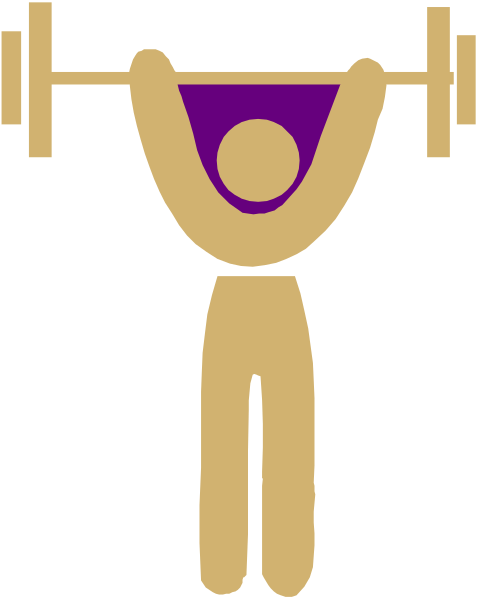 The image shows a cartoon of an individual lifting weights above their head with purple text on top that reads "GYM" in white letters against a black background.