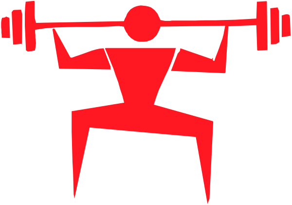 The image shows a red silhouette of an individual performing weightlifting exercises with dumbbells on either side in front of them against a black background.
