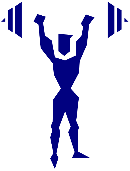The image shows a blue silhouette of an athlete holding weights above their head against a black background with white stripes on either side.