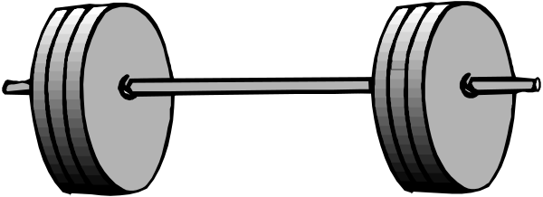 The black and white illustration shows a barbell with three weights on it against a dark background.