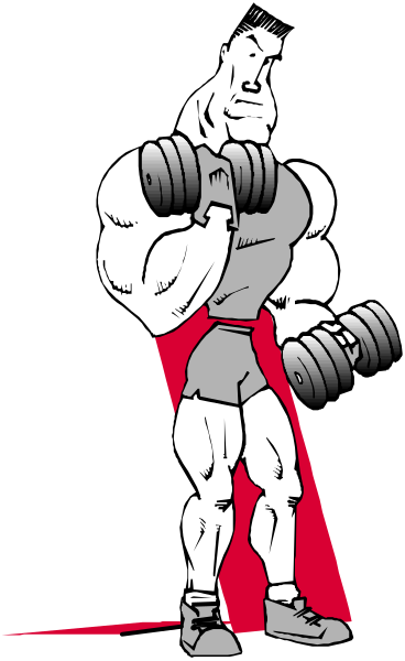 The black and white illustration shows a muscular man with red cape holding dumbbells on either side of his body in front of him against a dark background.