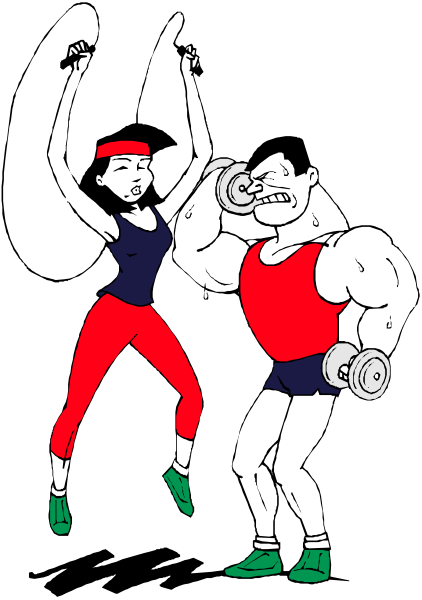 The black and white illustration shows a man with muscles flexing his biceps to another person who is jumping up in excitement next to him; both individuals appear energetic as if engaged in an exercise routine, set against a dark background that contrasts their figures for emphasis on action.