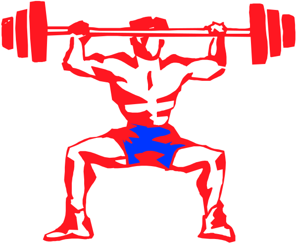 The image shows a black and white illustration of an athlete performing weightlifting with barbell on shoulders against dark background.
