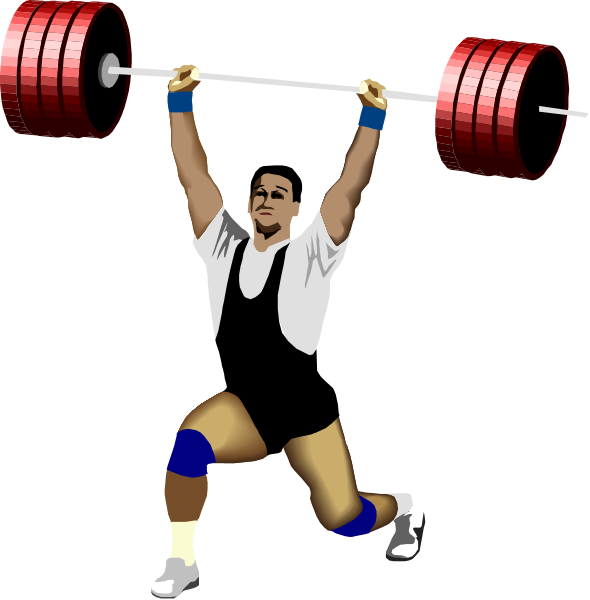 The images show a person lifting weights above their head with both hands on either side of an Olympic barbell weightlifting equipment in two different poses: one where the lifter is standing upright holding onto the bar, and another showing them bent over at waist level also gripping it from each end.
