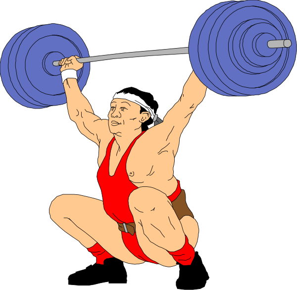 The image shows a man performing an overhead press with weights at his sides while wearing red shorts and no shirt; he is in mid-air against a black background.