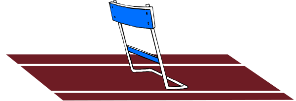The image shows a black and white pixelated representation of an indoor tennis court with two chairs on it: one blue chair in motion nearer to us and another red chair farther away from our perspective.