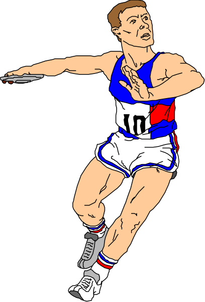 The image shows a cartoon of an athlete dressed as a runner with number 10 on his shorts, wearing sports shoes, in mid-action pose against black background; he is holding what appears to be a frisbee and has one leg extended behind him while running forward. There are no texts or other objects present in the image. The style of art suggests it's an illustration with simple lines used for clarity rather than realism, focusing on conveying motion through posture.