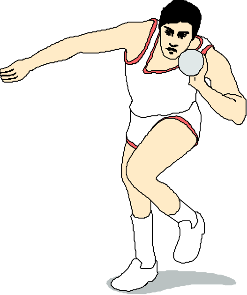The illustration shows a male athlete wearing shorts with stripes on them while running indoors; he is holding his left arm outstretched in front of him as if reaching for something off-frame, and appears to be looking downward towards an unseen object or person at the bottom right corner.