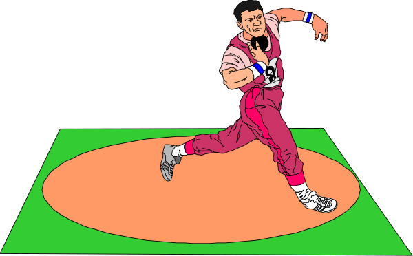 The image shows a man playing tennis on an orange court with white lines marking boundaries; he is wearing red shorts and holding a racket in his right hand while swinging it towards a ball that's near him, positioned to hit it back across the net.
