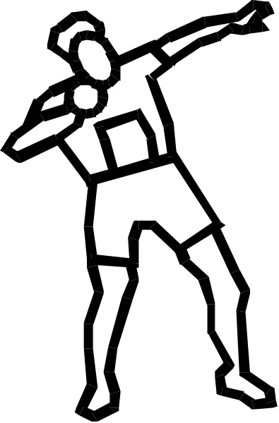 The black and white silhouette of a person doing an action pose with their arms outstretched as if throwing something to one side while standing on two legs in another direction.