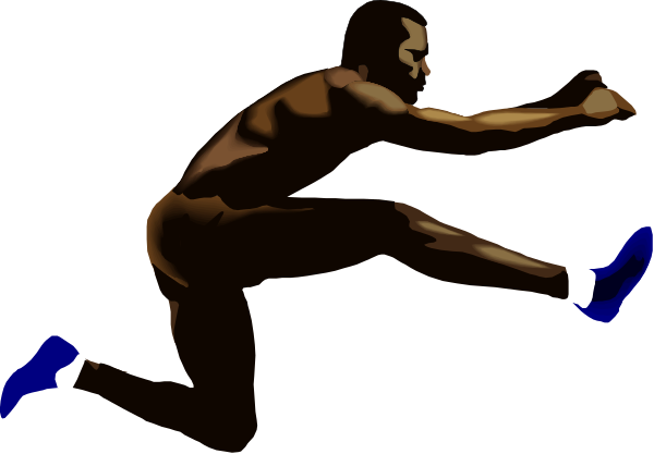 The image shows a man running with his arms outstretched; he appears to be an athlete wearing shorts and shoes in mid-action against a dark background.