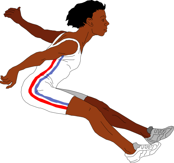 The image shows a black and white illustration of an athlete leaping into action with his arms outstretched while wearing shorts that have stripes on them; he is in mid-air against a dark background, which suggests motion capture technology was used to create this dynamic pose from multiple frames.