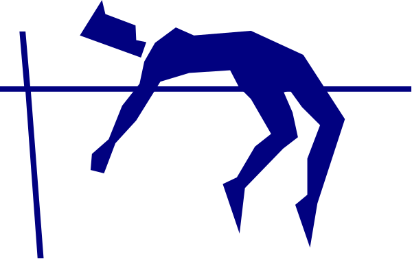 The image shows a blue silhouette of an athlete running with their arms outstretched on what appears to be a track against a dark background.