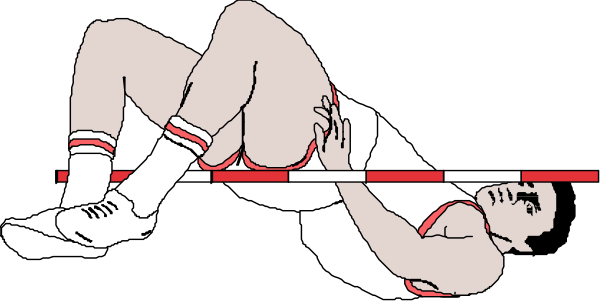 The image shows a black and white illustration of an athlete lying on their back with hands clasped behind them, appearing to be in pain or distress after being hit by another player during what seems like a sports event such as basketball or soccer given the presence of cleats.