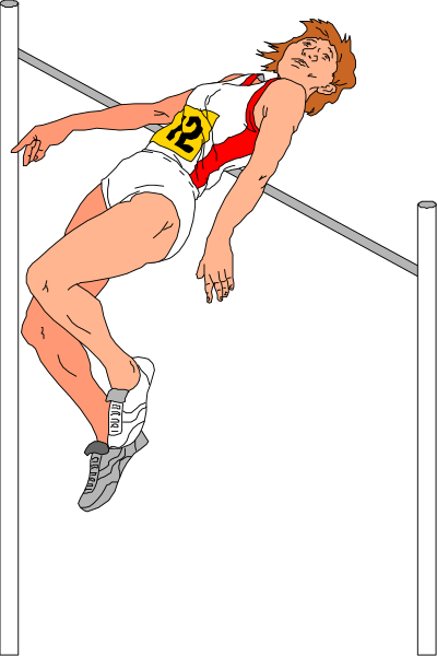 The black and white illustration shows a female athlete on an uneven bars apparatus at what appears to be a gymnastics competition; she is in mid-air with her hands gripping the bar, demonstrating strength and balance during this challenging sporting event.