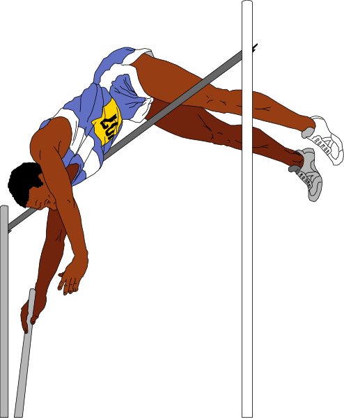 The black and white illustration shows a male athlete performing an acrobatic move on parallel bars with his hands above him in mid-air while wearing shorts and shoes; he is depicted from behind as if captured during motion, set against a dark background that contrasts sharply with his figure to emphasize the action.