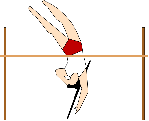 The black and white illustration shows a gymnast performing on parallel bars with their hands gripping them while suspended above an inverted U-shaped bar that is part of the apparatus.