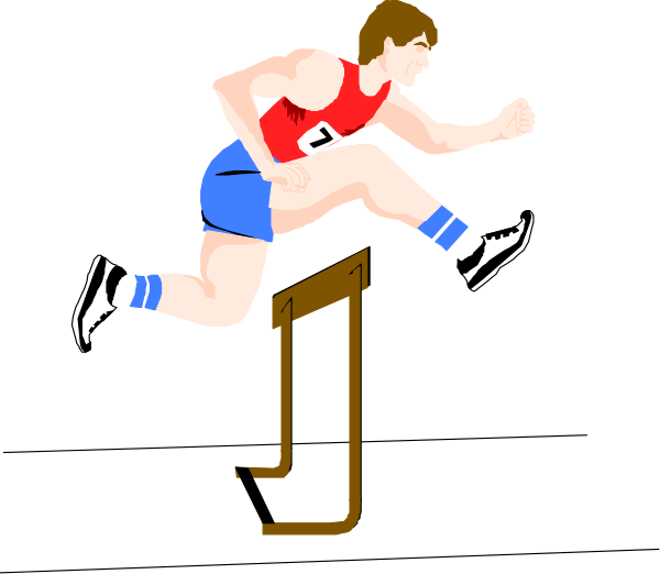 The image shows a male athlete running on an indoor track with his arms outstretched for balance while jumping over what appears to be hurdles in front of him; he is wearing shorts and sneakers, suggesting that this could represent either sprinting or high jump events within athletics competitions.