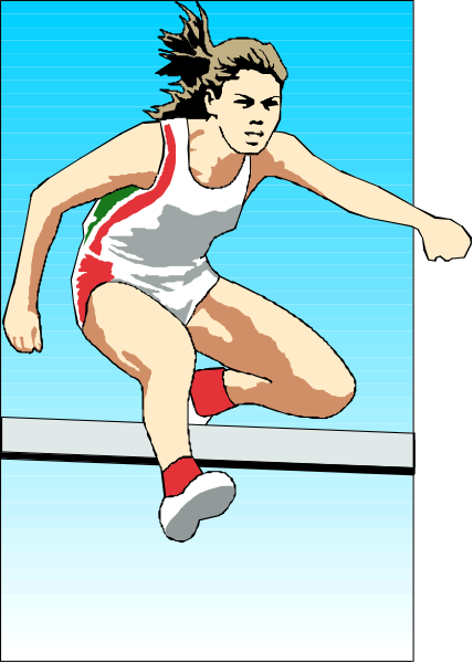 The image shows a female athlete running on an outdoor track with her arms outstretched for balance while wearing athletic attire; she is captured in mid-stride against a clear sky background.