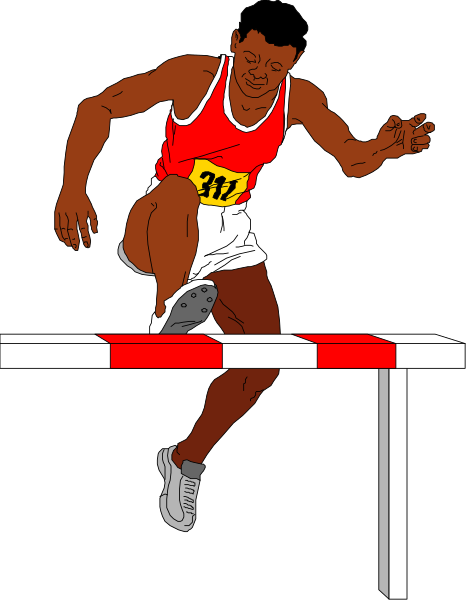 The illustration depicts a male athlete running towards an obstacle course with hurdles on it; he is wearing shorts and has one foot raised in mid-stride as if jumping over the first barrier, which appears to be made of red tape stretched across two poles at waist height for him.