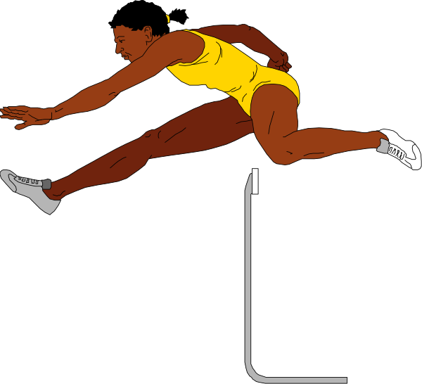 The black and white illustration shows a female athlete mid-jump over an obstacle on what appears to be a track with lane markers in background.