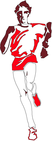The image shows a black and white silhouette of an athlete running with red highlights on their body against a dark background.
