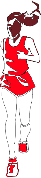 The image shows a black and white silhouette of an athlete running with two legs visible on either side against a gray background.