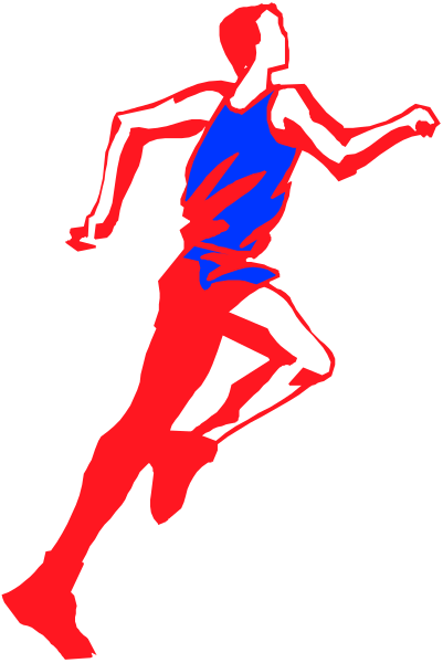 The image shows a red silhouette of an athlete running on what appears to be a track with black background.