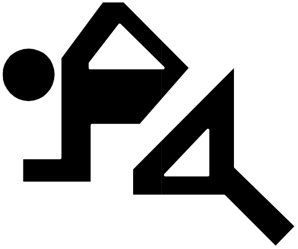 The image shows a black and white logo with stylized graphics that include geometric shapes resembling an abstract representation of two figures interacting in what appears to be a playful manner; one figure is depicted as holding onto another, which seems to have been pushed or pulled away from the first by some force.