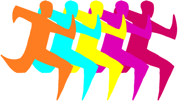 The image shows a group of five colorful silhouettes dancing together against a black background with no text present.