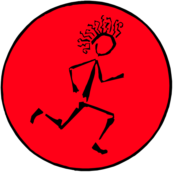 The image shows a red silhouette of an animated character running with its arms outstretched inside two black circles against a white background on top left corner.