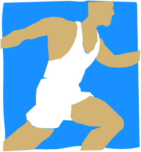 The image shows a side by side comparison of two different athletic poses: on the left is an illustration of a man in mid-stride running with his arms outstretched; to its right stands another figure, also depicted as male and similarly muscular but standing still against what appears to be a blue background.