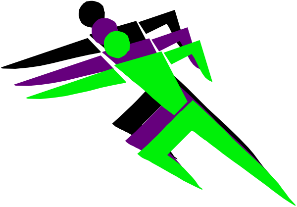 The image shows a black silhouette of an athlete running with two swords crossed behind them against a purple background.