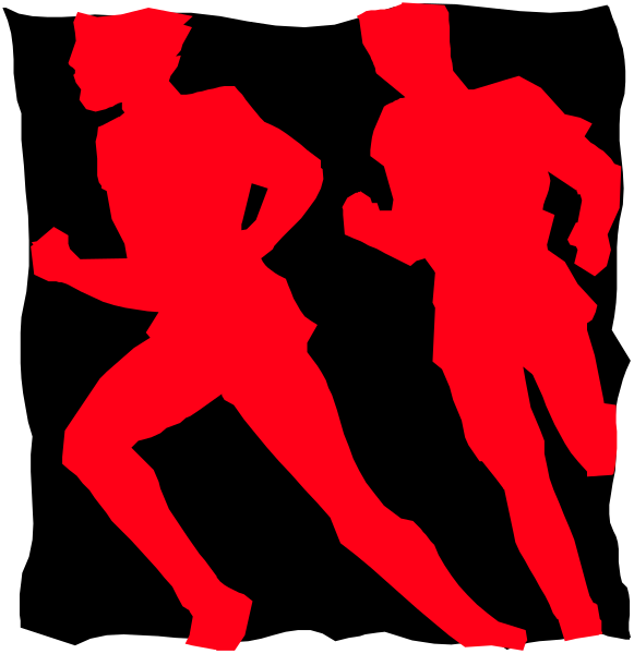 The image shows two red silhouettes of runners against a black background with no additional details provided about their surroundings or any other elements present in this clip-art representation.