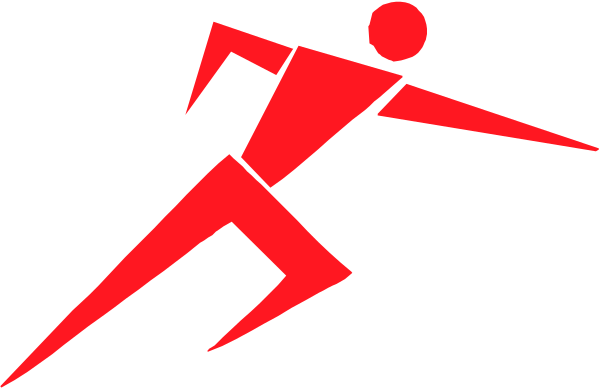 The image shows a red silhouette of an athlete running with outstretched arms against a black background.