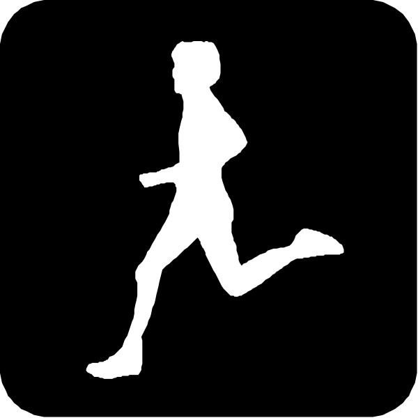 The black silhouette of a person running on an unseen surface with their arms outstretched for balance.