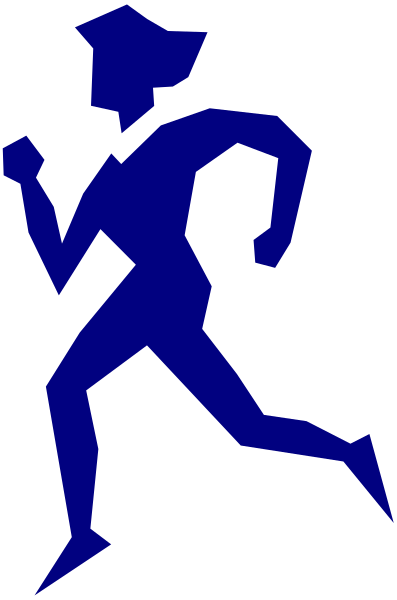 The image shows a black silhouette of an athlete running against a white background with blue highlights on its body parts.