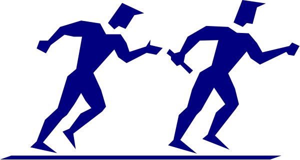 The image shows two stick figures running side by side on a blue background with no additional details provided about their surroundings or any other elements present in this clip-art illustration.