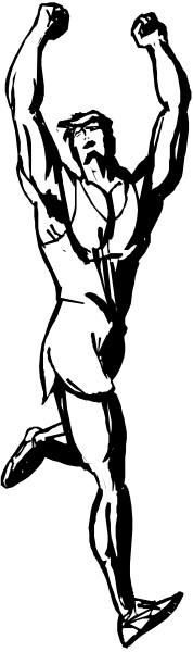 The black and white photo shows a person doing an exercise pose with weights on both hands while standing upright against a dark background.