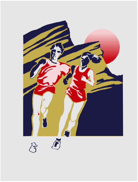The poster features two runners on a track with mountains behind them; it is stylized to look like an old-fashioned advertisement for running shoes.