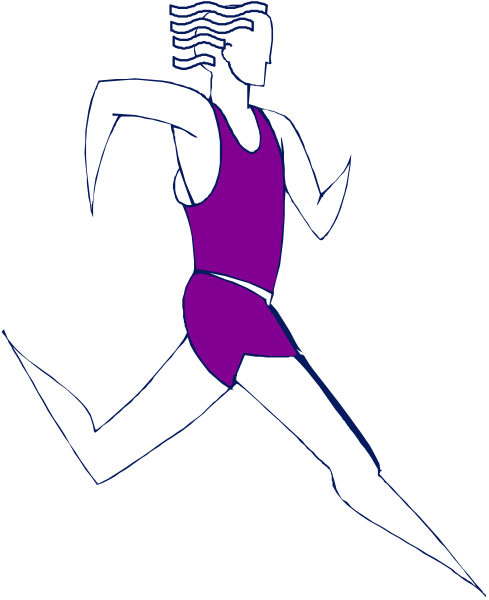 The image shows a black silhouette of an athlete running with arms outstretched against a white background.
