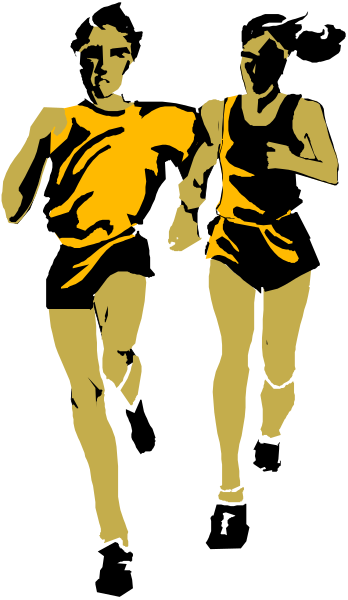 The black and white illustration shows two runners with a yellow background running side by side on what appears to be an outdoor track at nighttime under artificial lighting.