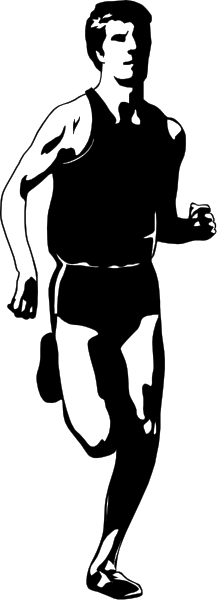 The black and white photo shows a man running with his arms outstretched against an abstract background that appears to be composed of geometric shapes in shades of gray.