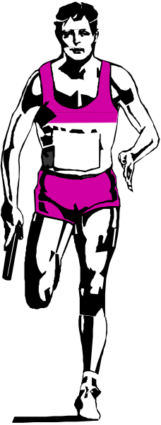 The image shows a black and white photo of an athlete wearing pink shorts running on what appears to be a track with blurred background elements suggesting motion.